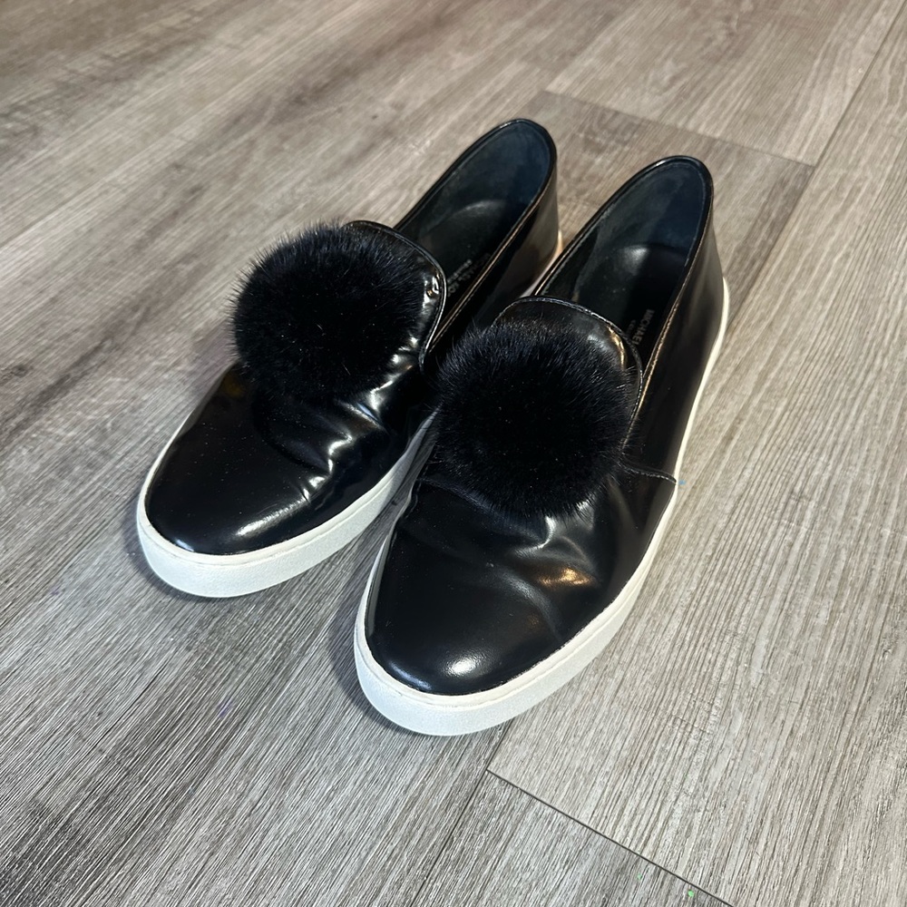 Michael Kors Collection Eddy Patent Leather Pom Pom Sneaker Shoes Black 7.5